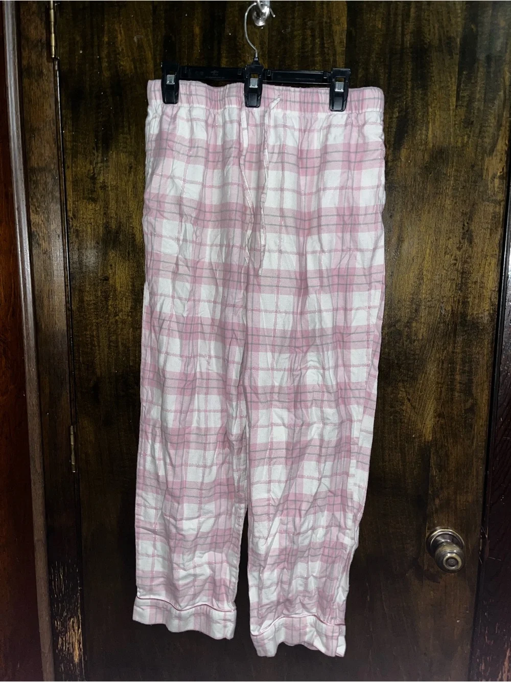 Liz Claiborne Pink, White, & Grey Plaid Silk-Trim Pajama Set